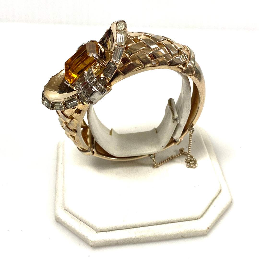 v471 Vintage Mazer Sterling Silver Massive 25mm Citrine 1940's Bracelet 7" Wrist
