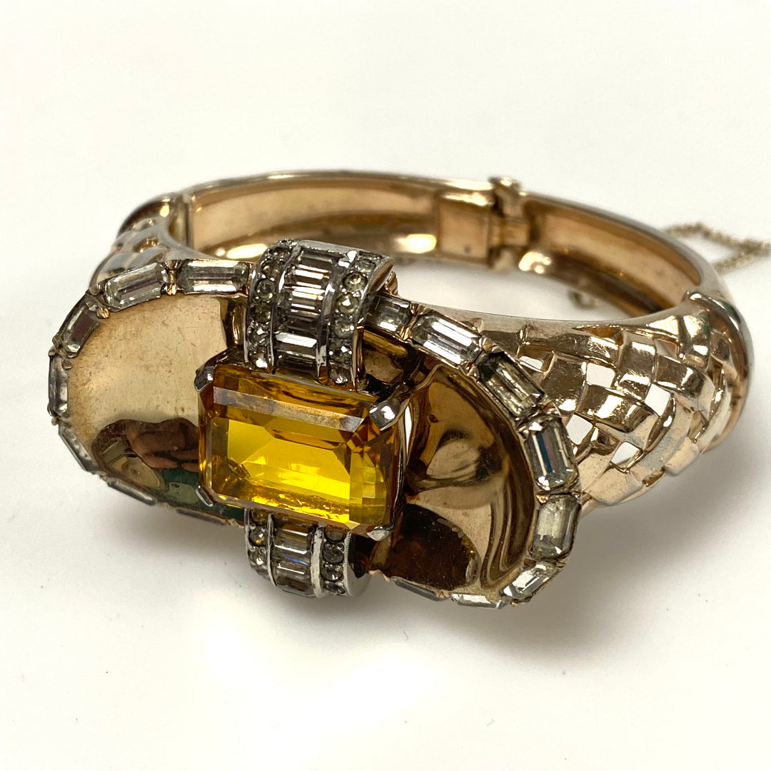 v471 Vintage Mazer Sterling Silver Massive 25mm Citrine 1940's Bracelet 7" Wrist