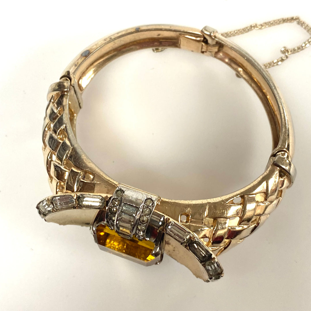 v471 Vintage Mazer Sterling Silver Massive 25mm Citrine 1940's Bracelet 7" Wrist