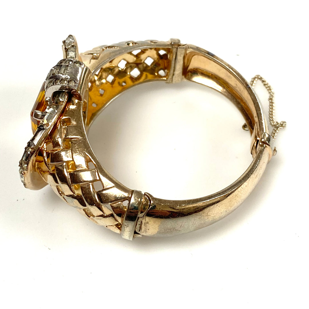 v471 Vintage Mazer Sterling Silver Massive 25mm Citrine 1940's Bracelet 7" Wrist