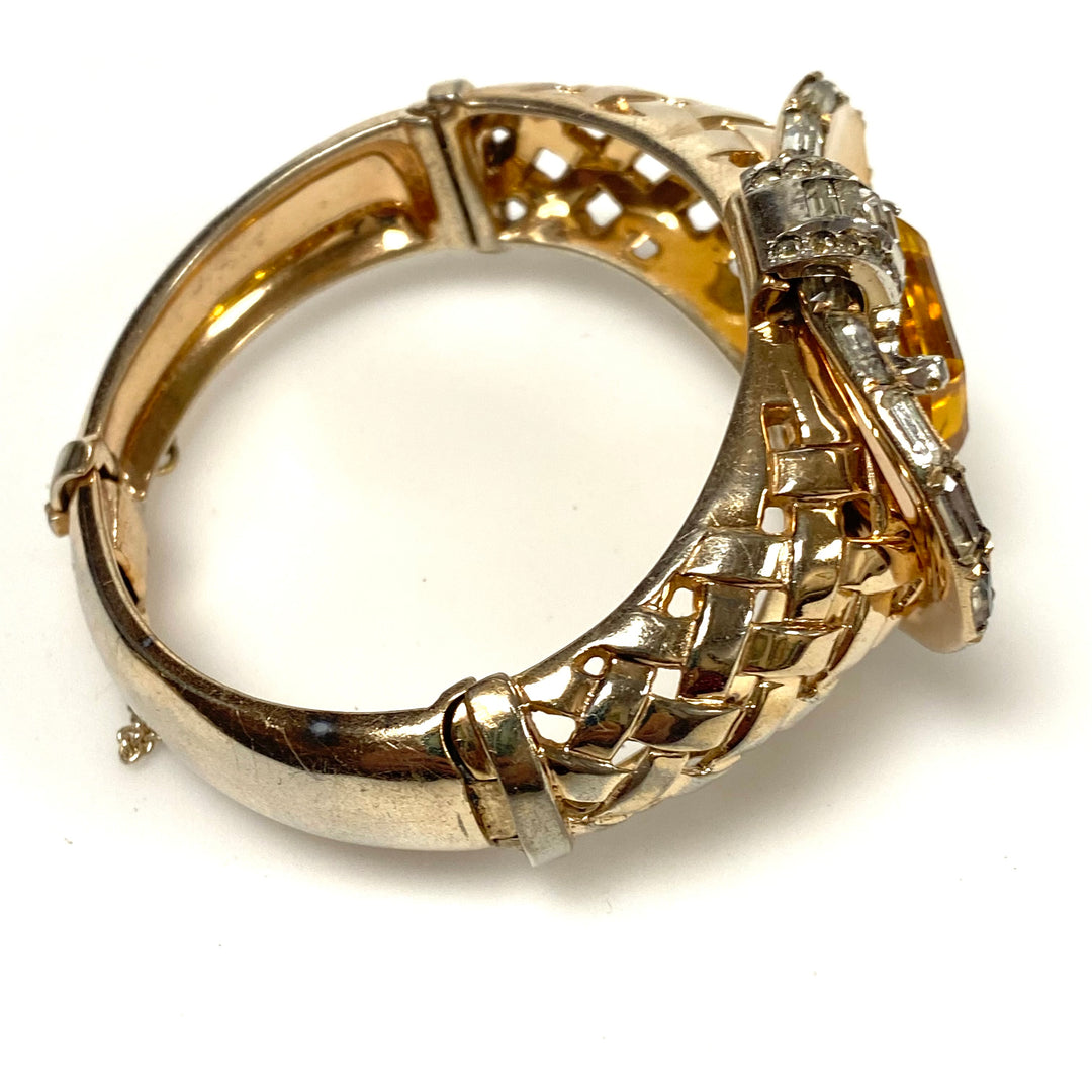 v471 Vintage Mazer Sterling Silver Massive 25mm Citrine 1940's Bracelet 7" Wrist