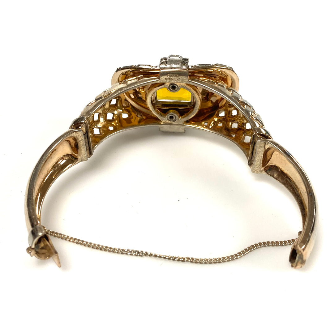 v471 Vintage Mazer Sterling Silver Massive 25mm Citrine 1940's Bracelet 7" Wrist