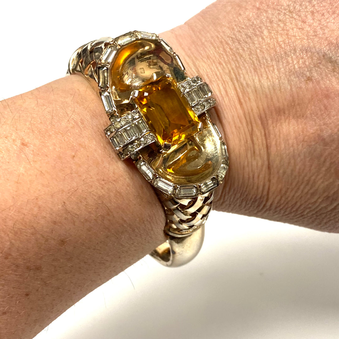 v471 Vintage Mazer Sterling Silver Massive 25mm Citrine 1940's Bracelet 7" Wrist