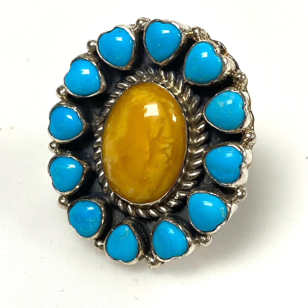 v474 Native American Sterling Silver Cluster Turquoise & Yellow Oyster Ring 5.5