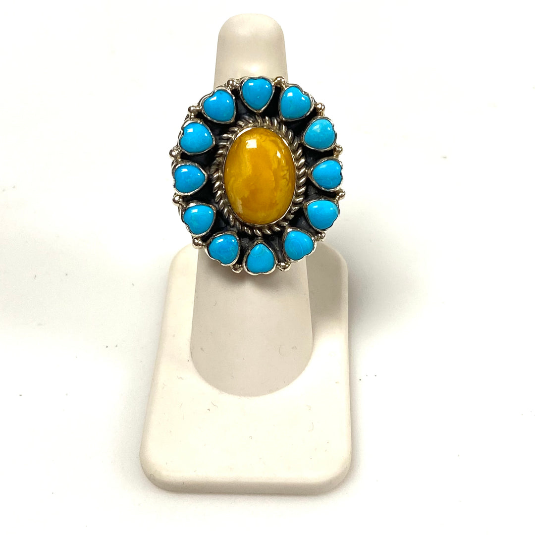 v474 Native American Sterling Silver Cluster Turquoise & Yellow Oyster Ring 5.5