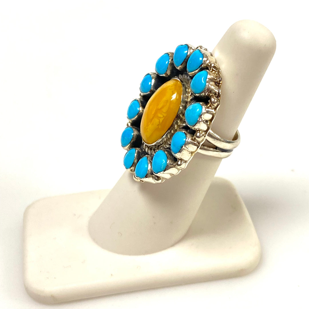 v474 Native American Sterling Silver Cluster Turquoise & Yellow Oyster Ring 5.5