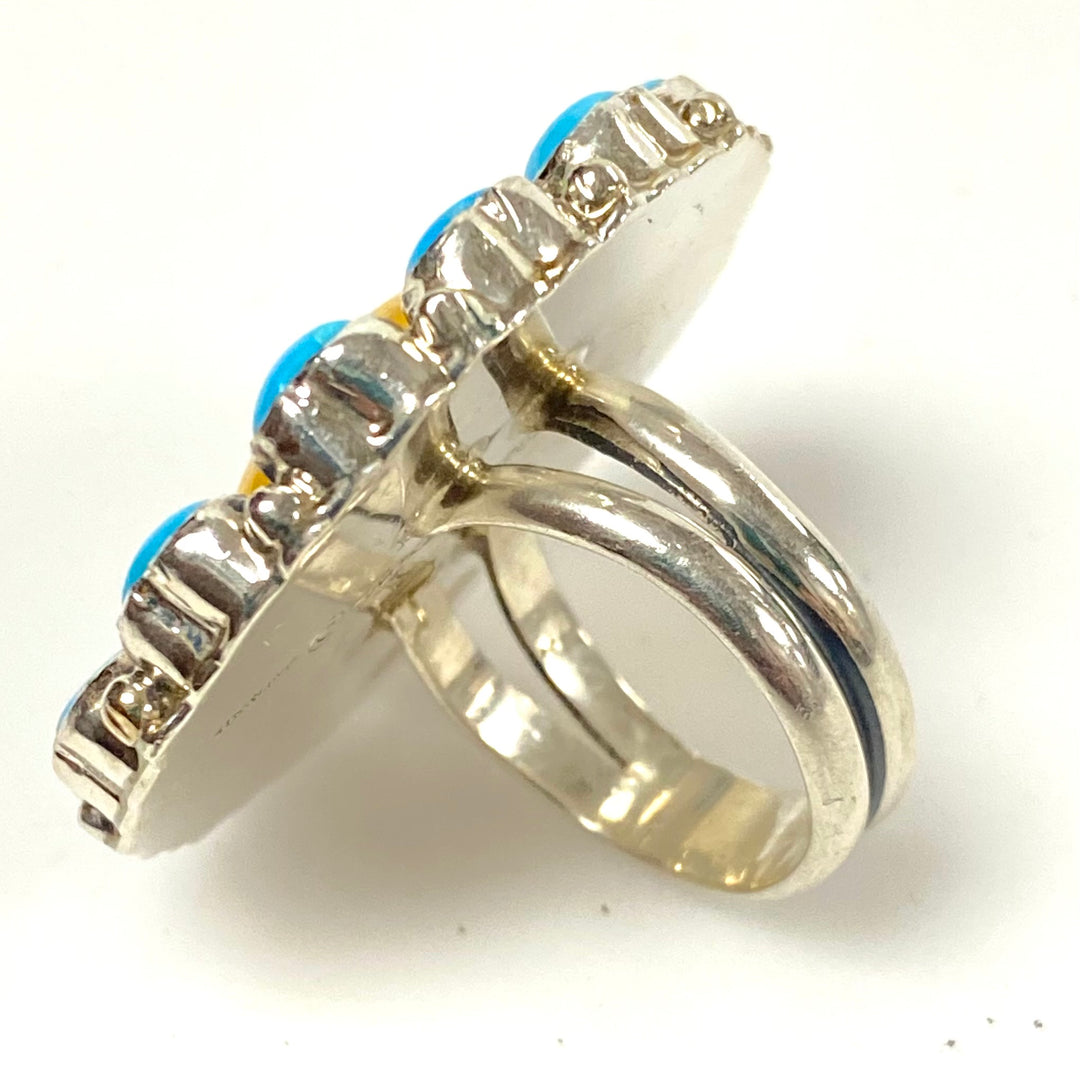 v474 Native American Sterling Silver Cluster Turquoise & Yellow Oyster Ring 5.5