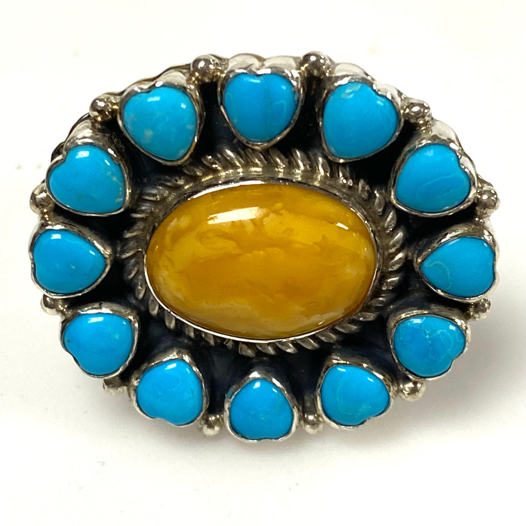 v474 Native American Sterling Silver Cluster Turquoise & Yellow Oyster Ring 5.5