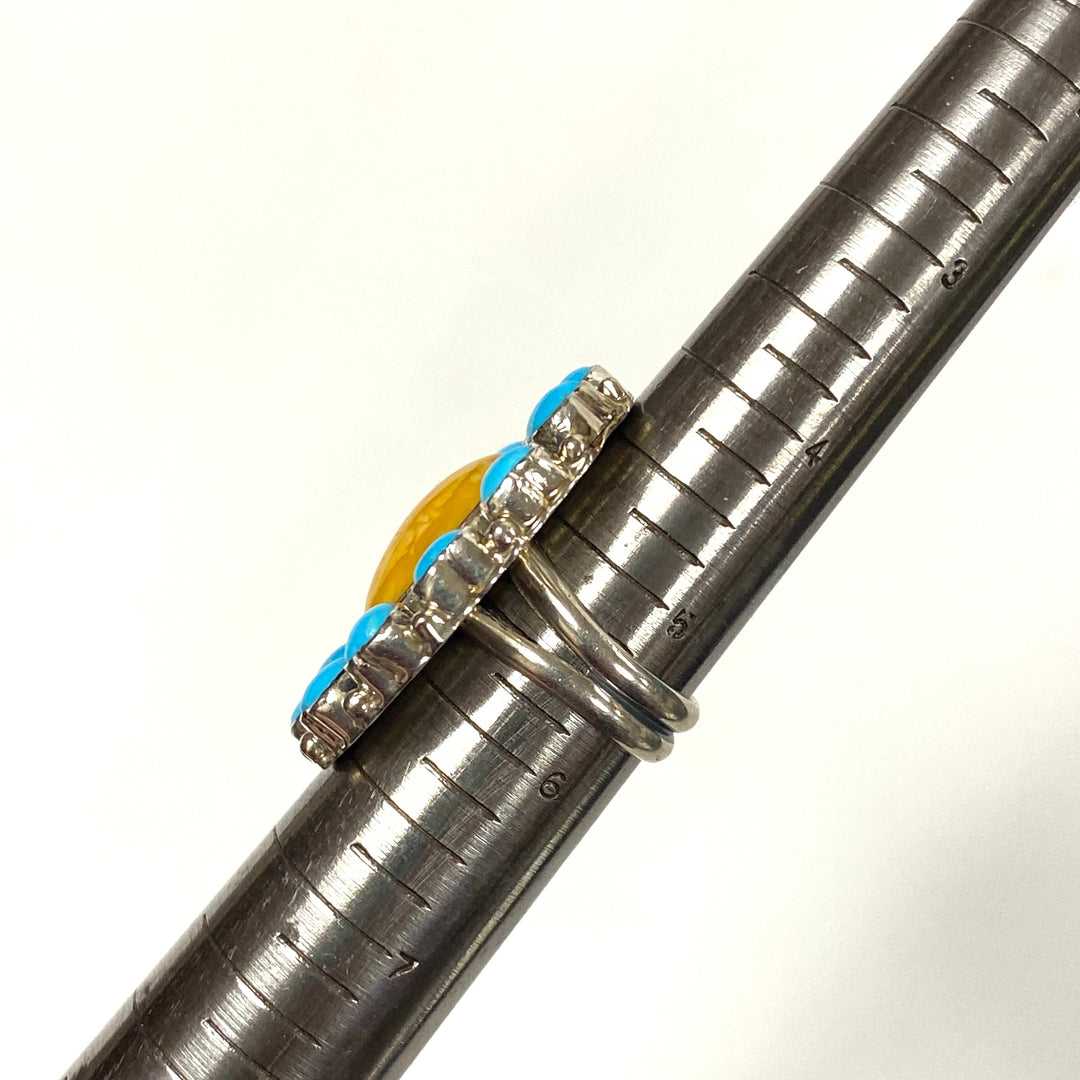 v474 Native American Sterling Silver Cluster Turquoise & Yellow Oyster Ring 5.5