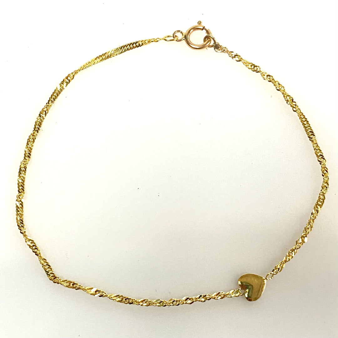 v477 Vintage 14k Yellow Gold Twisted Link Chain Heart Bracelet 7" Long