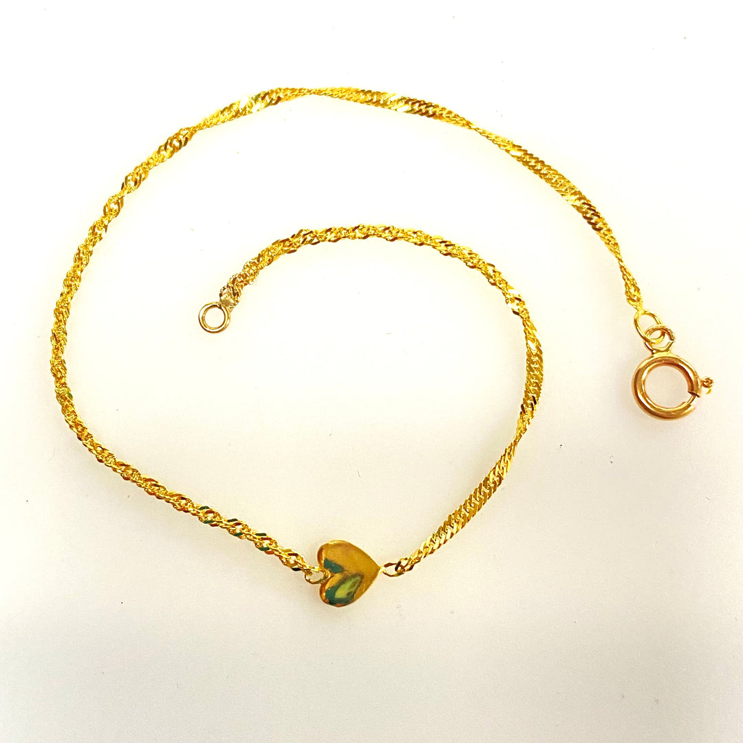v477 Vintage 14k Yellow Gold Twisted Link Chain Heart Bracelet 7" Long