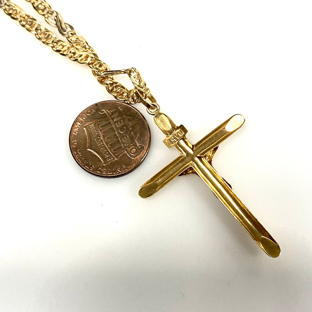 v478 Vintage 18k Yellow Gold 22" Long Tiger Eye Link Chain 18K Religious Cross Pendant