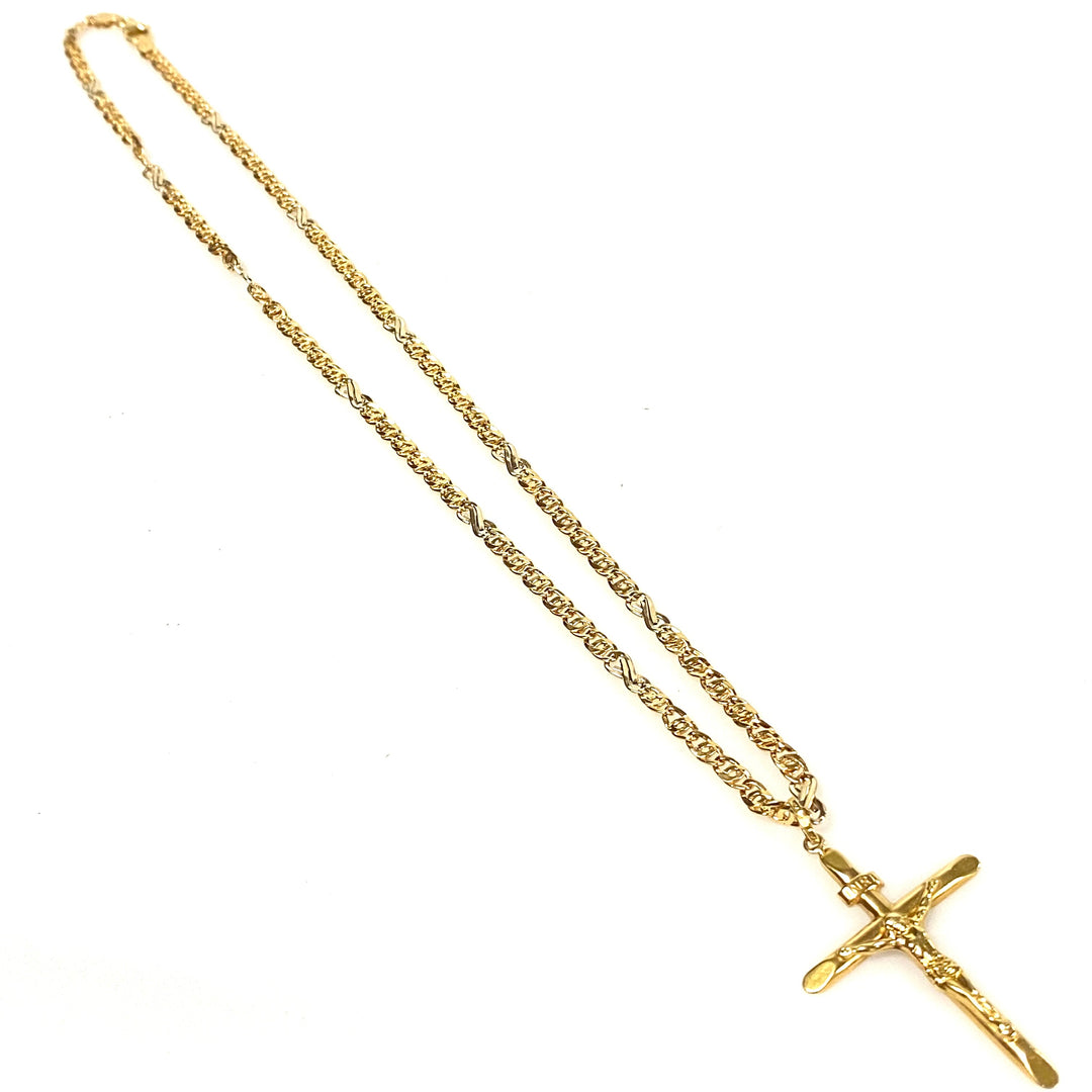 v478 Vintage 18k Yellow Gold 22" Long Tiger Eye Link Chain 18K Religious Cross Pendant