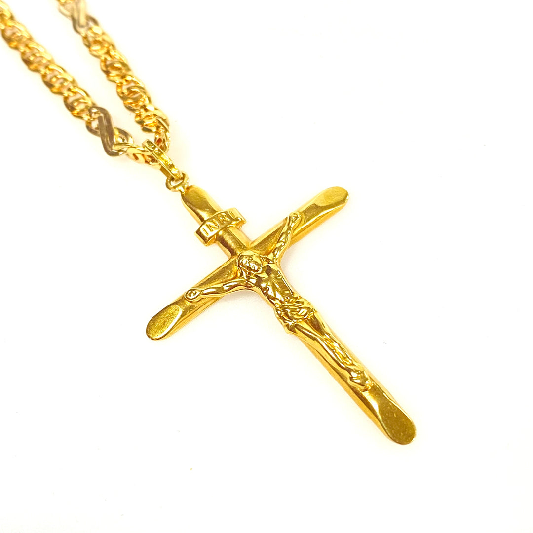 v478 Vintage 18k Yellow Gold 22" Long Tiger Eye Link Chain 18K Religious Cross Pendant