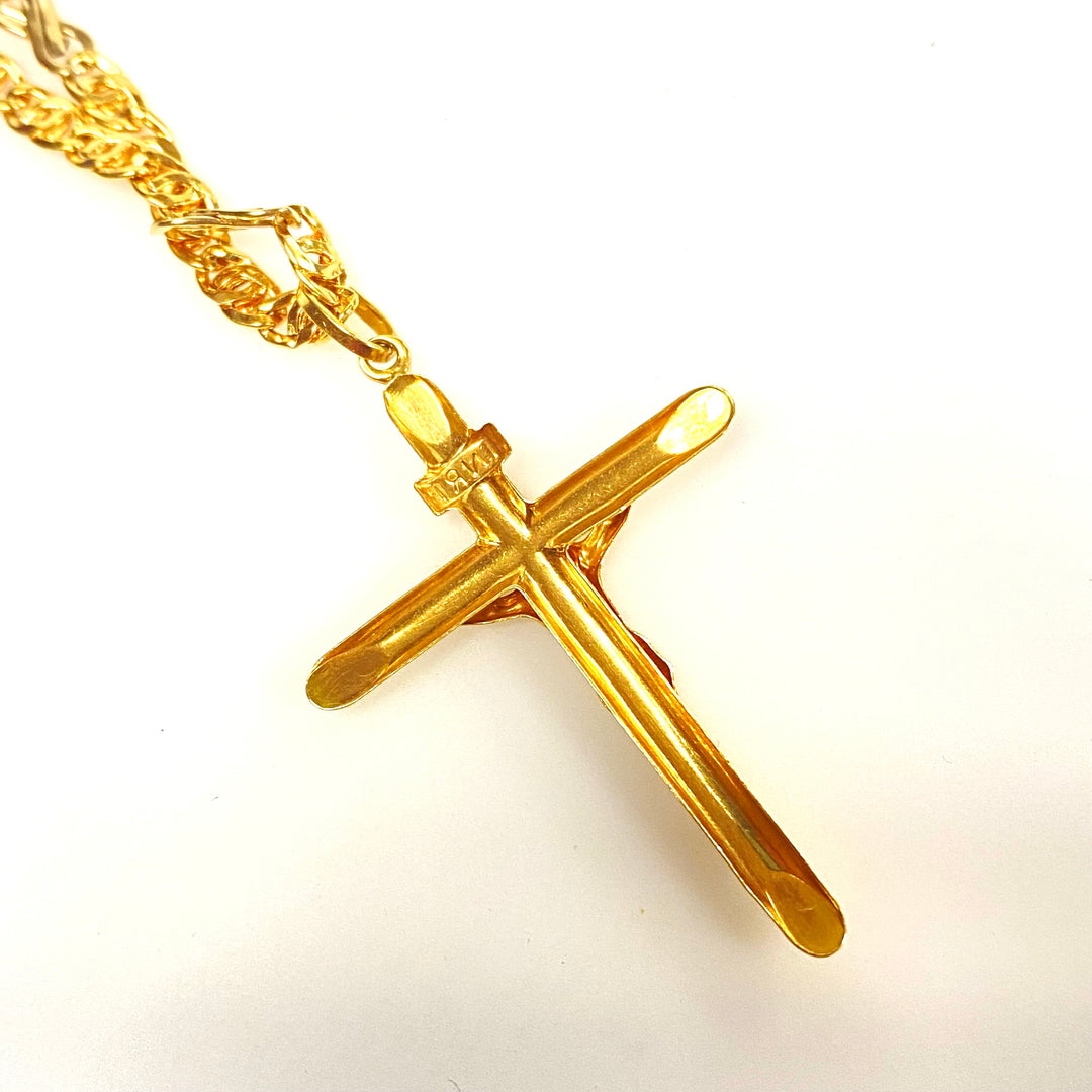 v478 Vintage 18k Yellow Gold 22" Long Tiger Eye Link Chain 18K Religious Cross Pendant