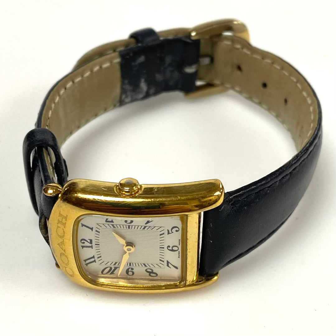 v480 Ladies Coach 19mm Gold Plated Watch Genuine Black Leather Band White Dial