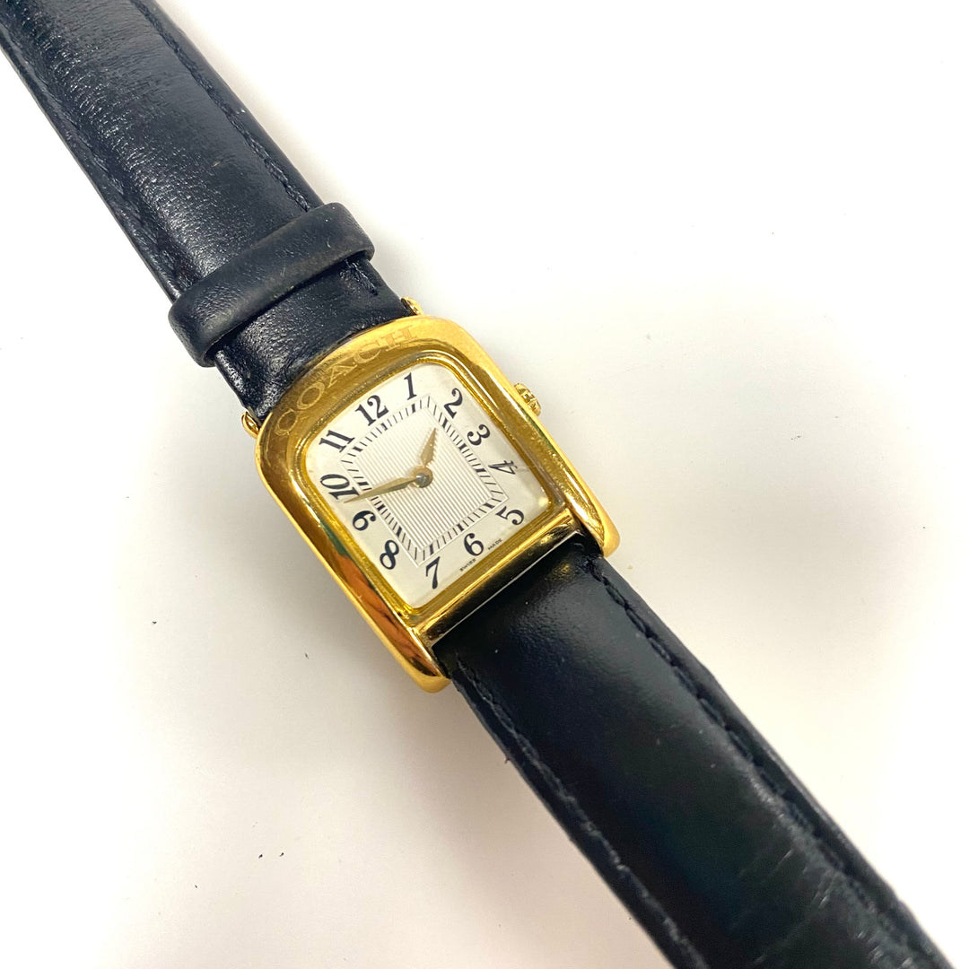 v480 Ladies Coach 19mm Gold Plated Watch Genuine Black Leather Band White Dial