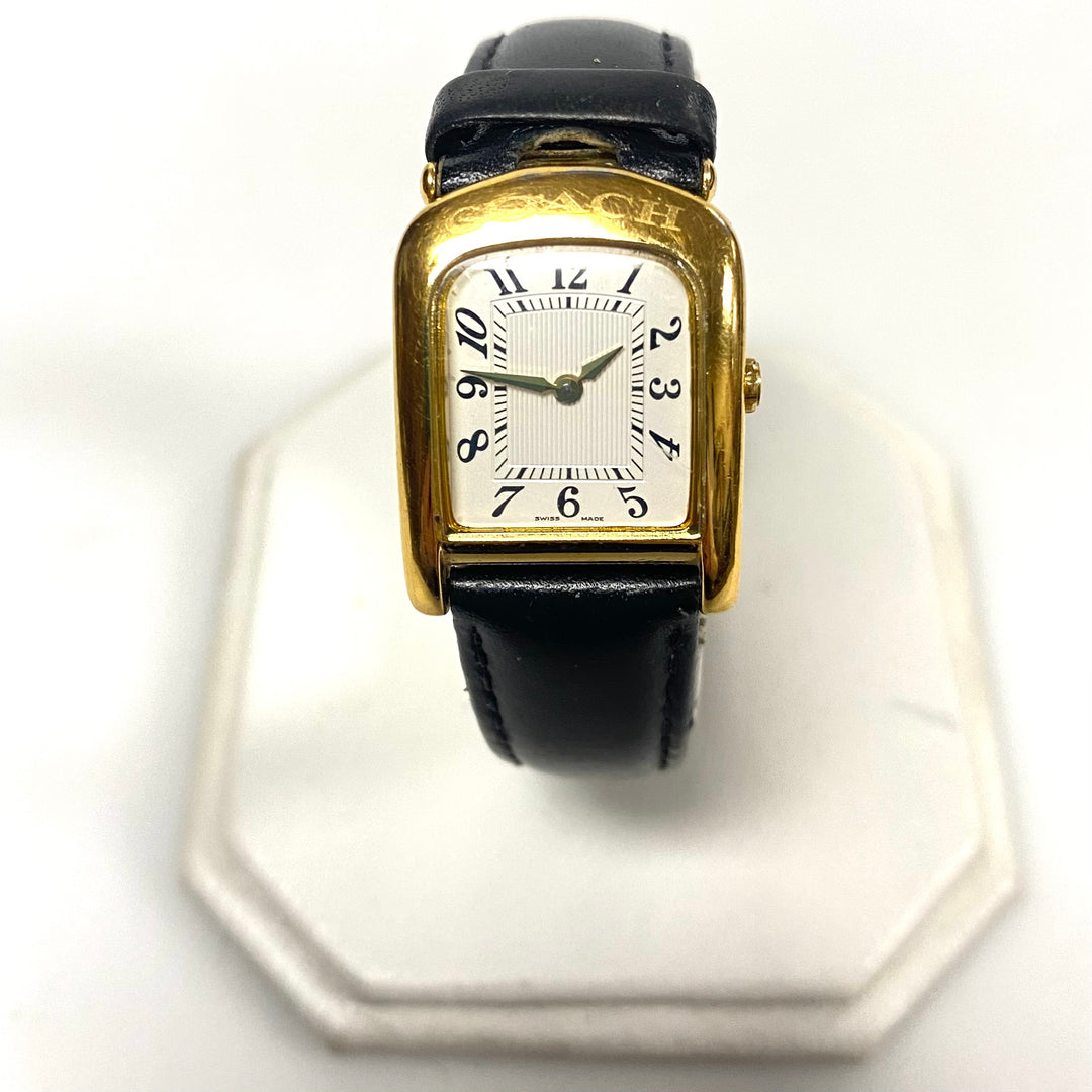 v480 Ladies Coach 19mm Gold Plated Watch Genuine Black Leather Band White Dial