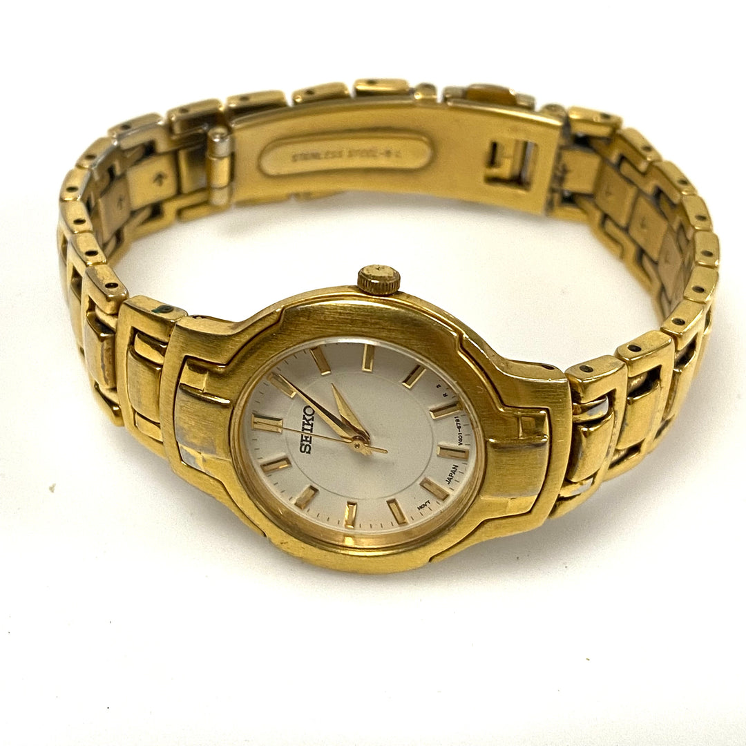 v485 Vintage Seiko Gold Tone Stainless V401-2090 Water Resistant Wrist Watch
