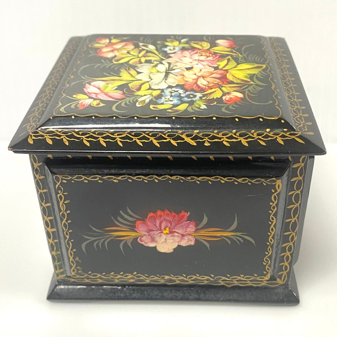 v490 Vintage Hand-painted Russian Lacquer Box Collectible Item Wood Black Floral