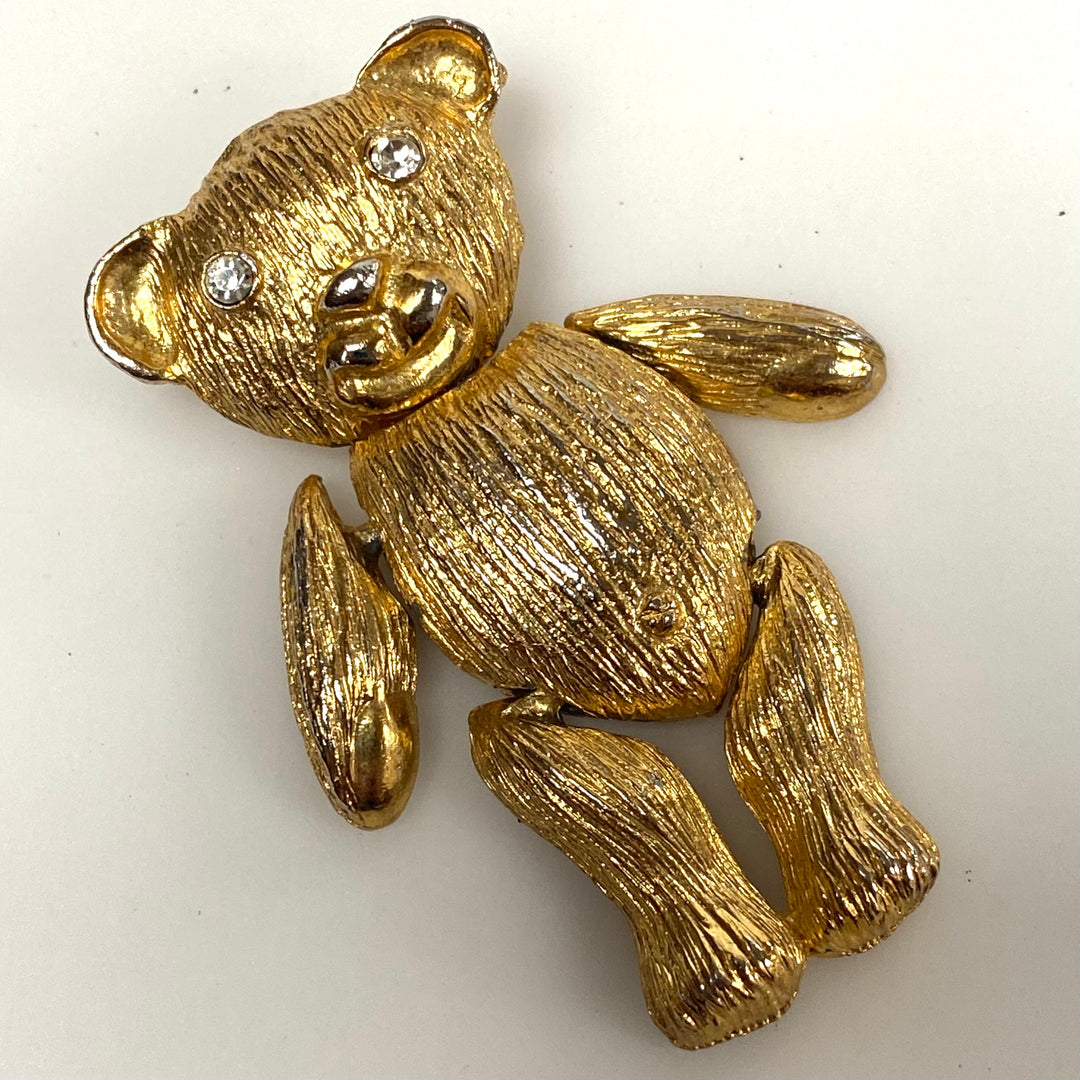 v492 Vintage Gold-tone Articulated Teddy Bear Rhinestone Eyes Brooch