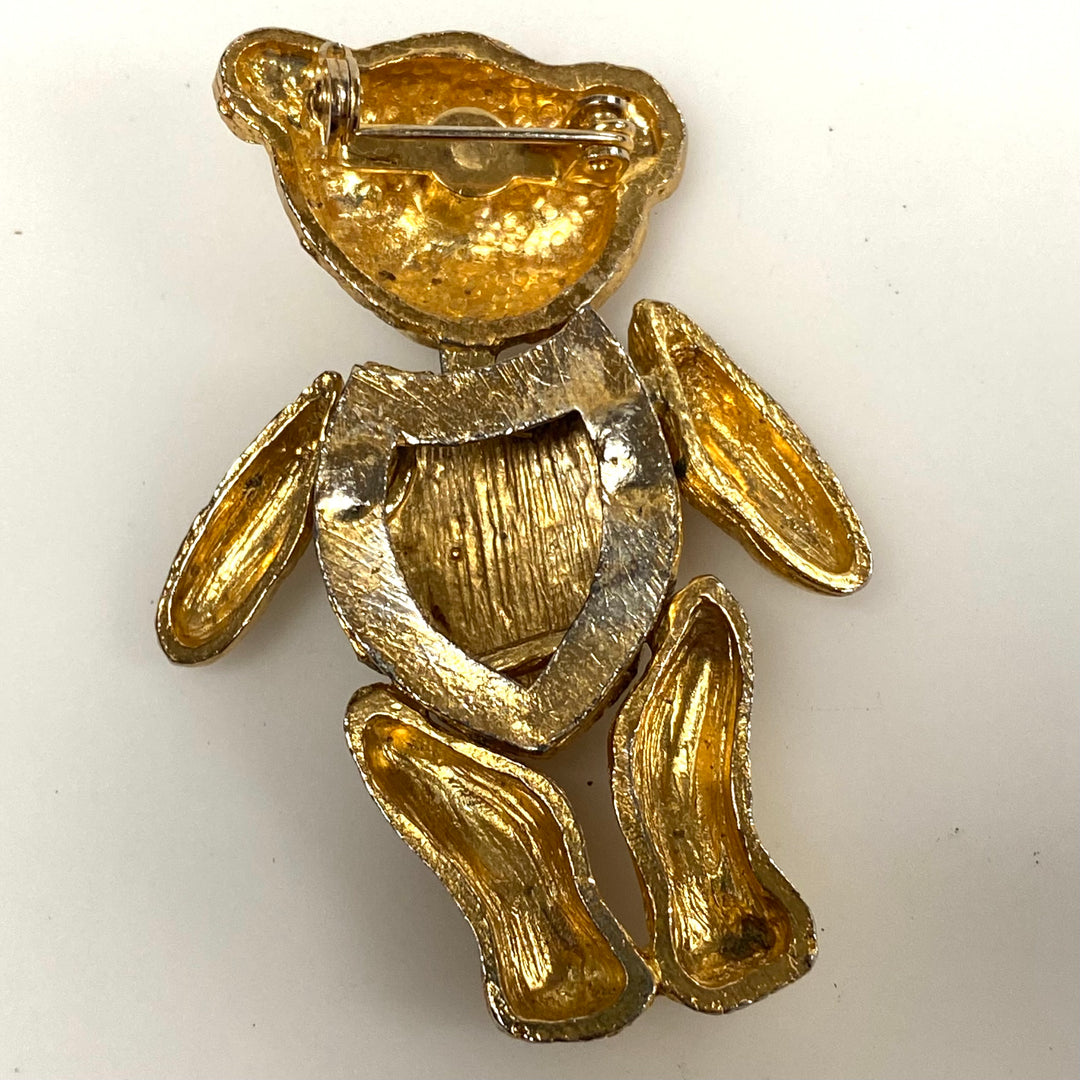 v492 Vintage Gold-tone Articulated Teddy Bear Rhinestone Eyes Brooch