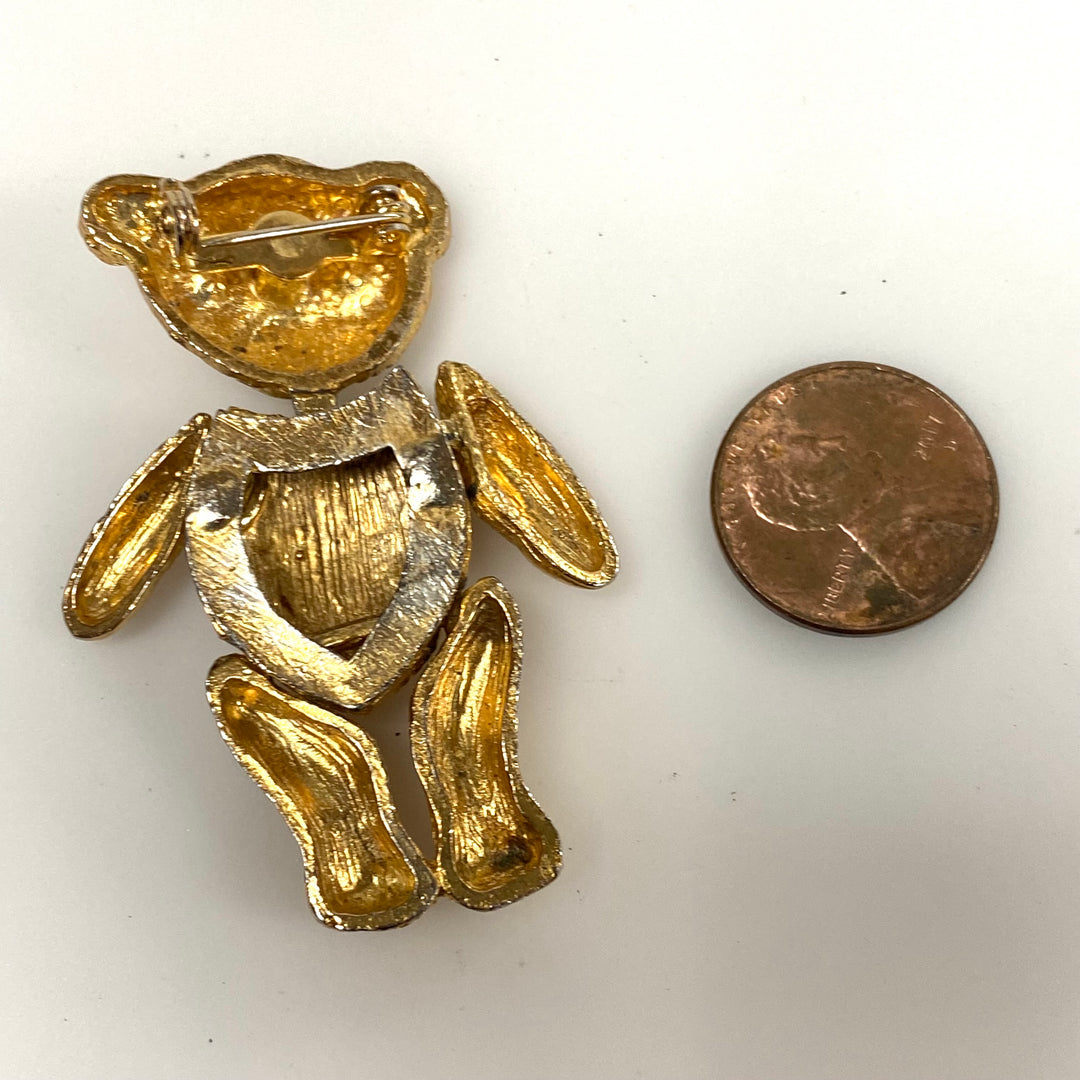 v492 Vintage Gold-tone Articulated Teddy Bear Rhinestone Eyes Brooch