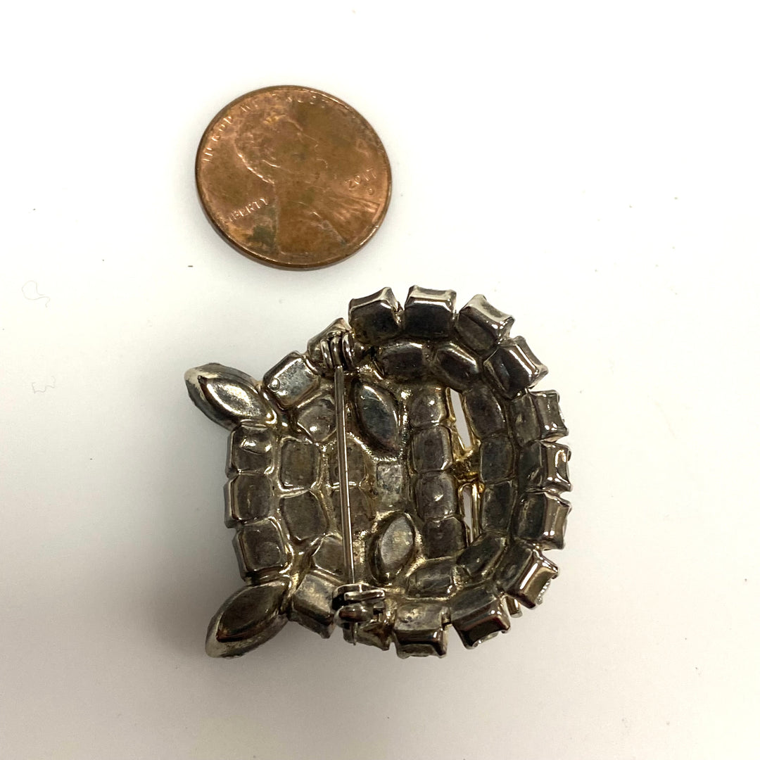 v493 Vintage rhinestone cat face brooch with clear and black crystals pink nose