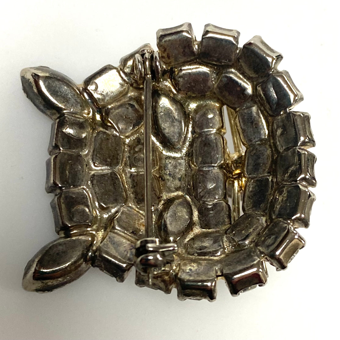 v493 Vintage rhinestone cat face brooch with clear and black crystals pink nose