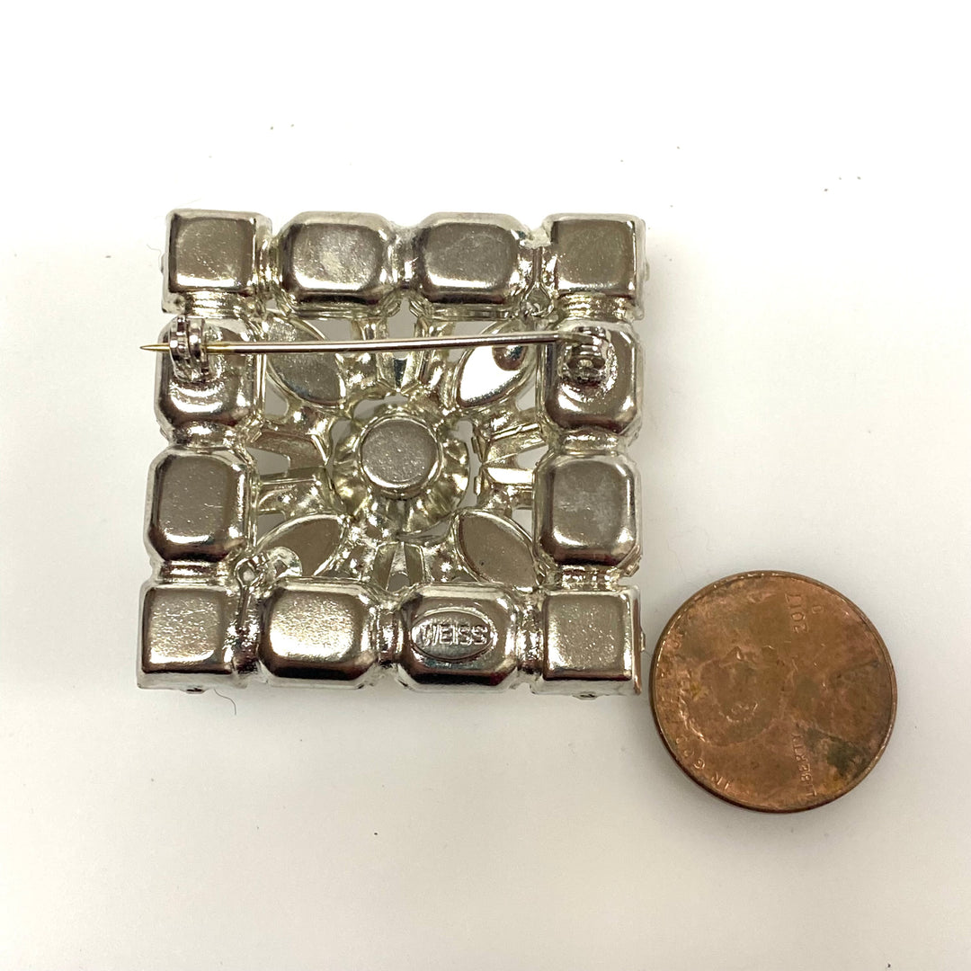 v494 Vintage Weiss Crystal Clear 3-layer Rhinestone Square Brooch Pin