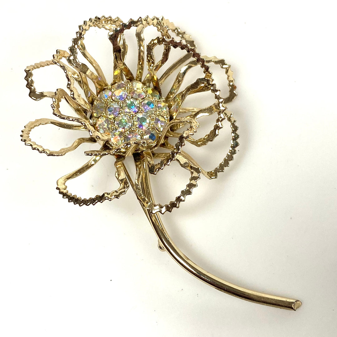 v498 Vintage 1960s Sarah Coventry "Allusion" gold-tone flower brooch with aurora borealis crystals