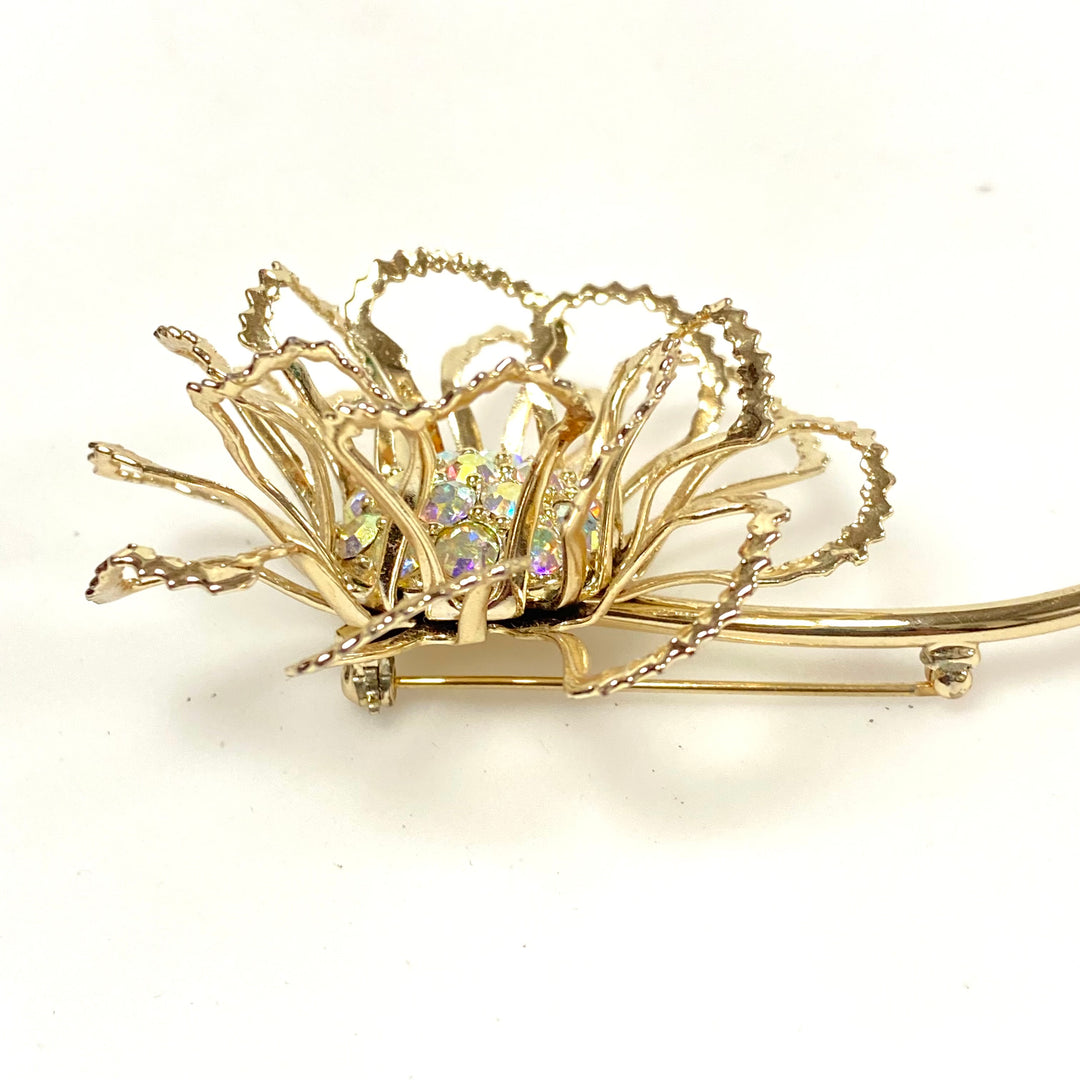 v498 Vintage 1960s Sarah Coventry "Allusion" gold-tone flower brooch with aurora borealis crystals
