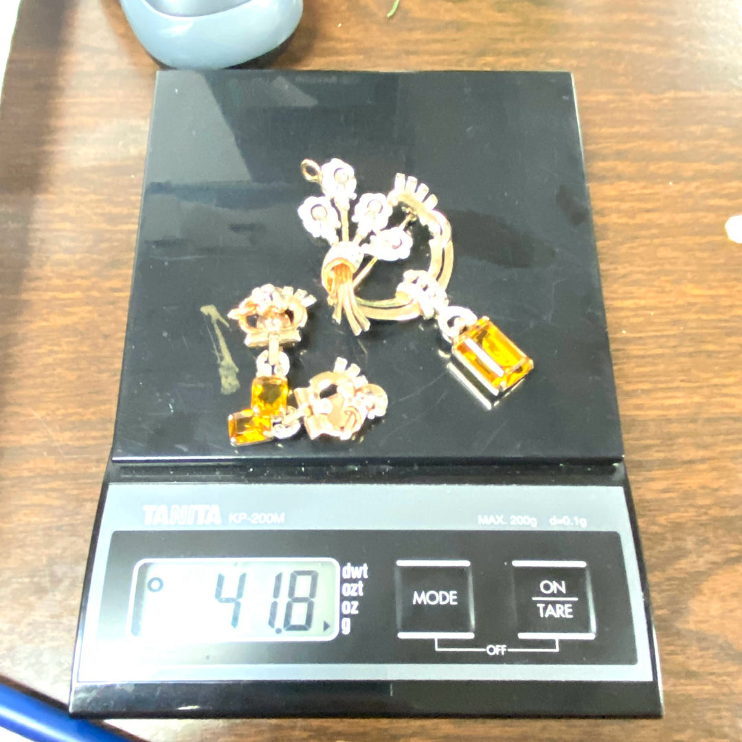 v499 Vintage Mazer Bros Citrine Sterling Rhinestone Brooch Pendant Earrings Set 3pc