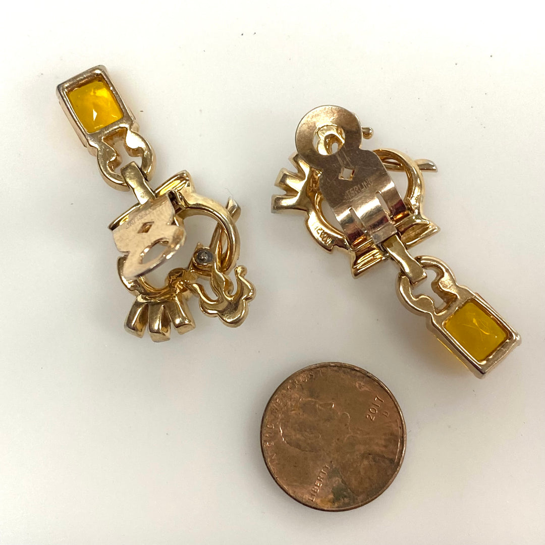 v499 Vintage Mazer Bros Citrine Sterling Rhinestone Brooch Pendant Earrings Set 3pc