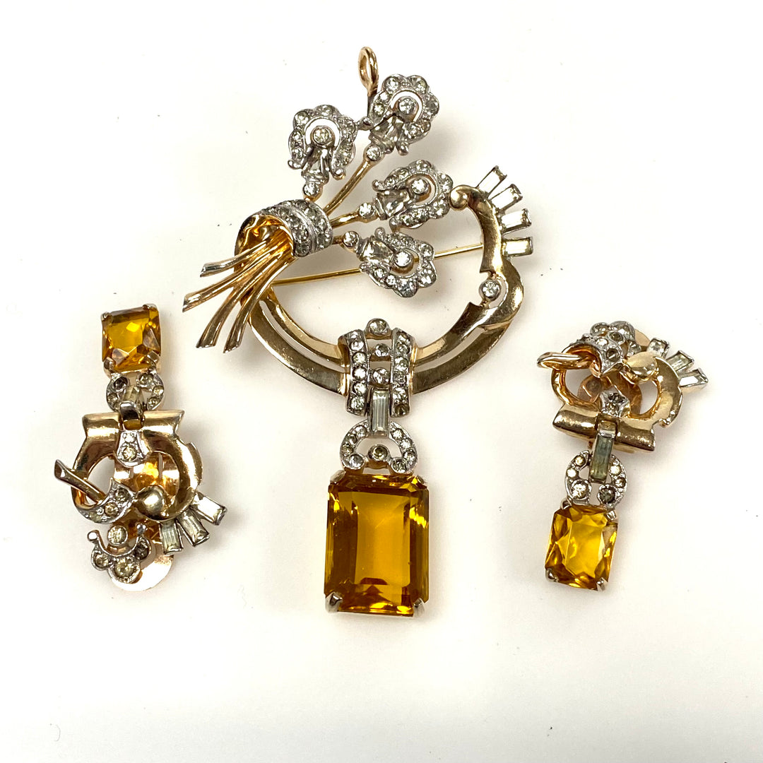 v499 Vintage Mazer Bros Citrine Sterling Rhinestone Brooch Pendant Earrings Set 3pc