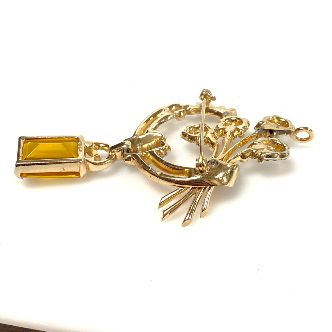 v499 Vintage Mazer Bros Citrine Sterling Rhinestone Brooch Pendant Earrings Set 3pc