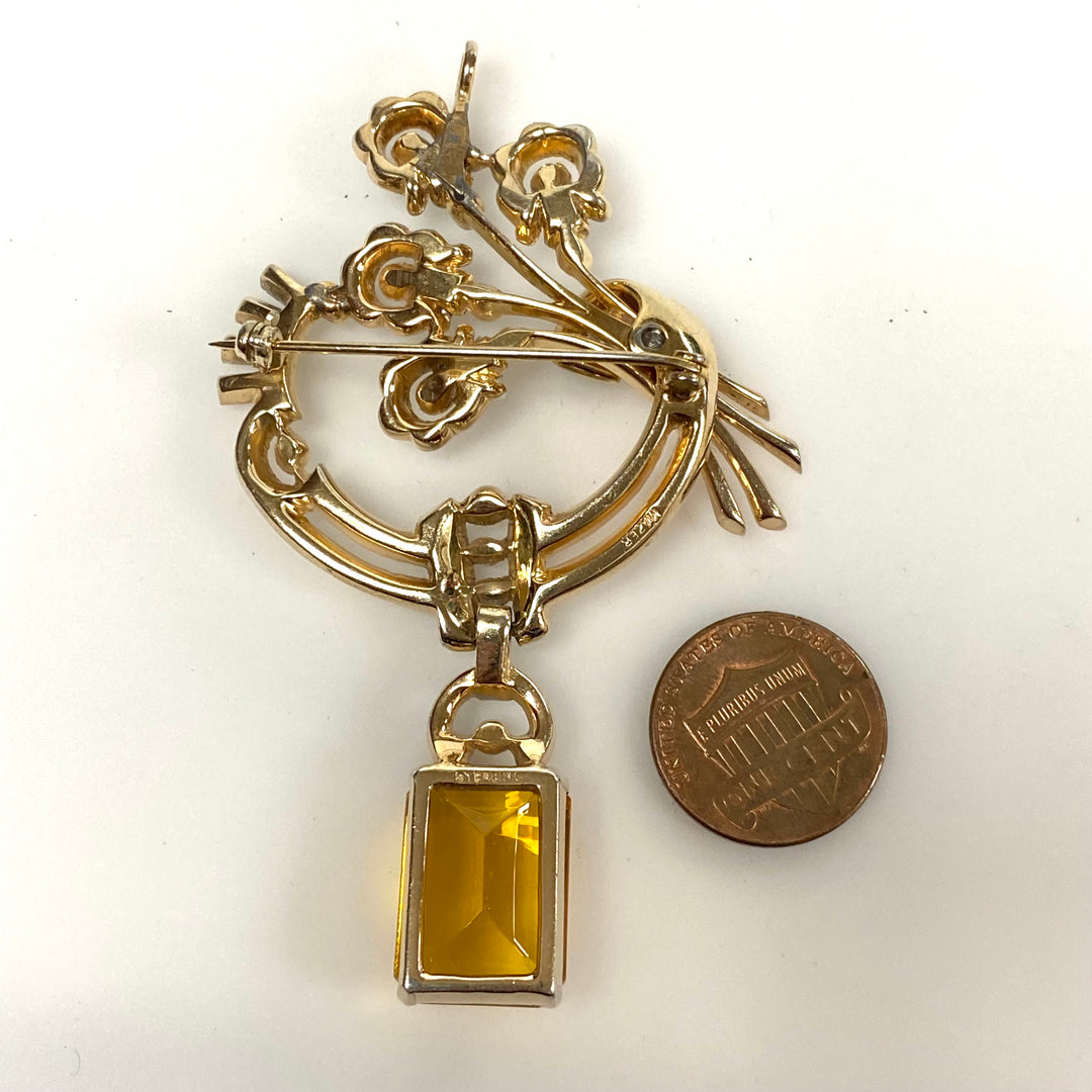 v499 Vintage Mazer Bros Citrine Sterling Rhinestone Brooch Pendant Earrings Set 3pc