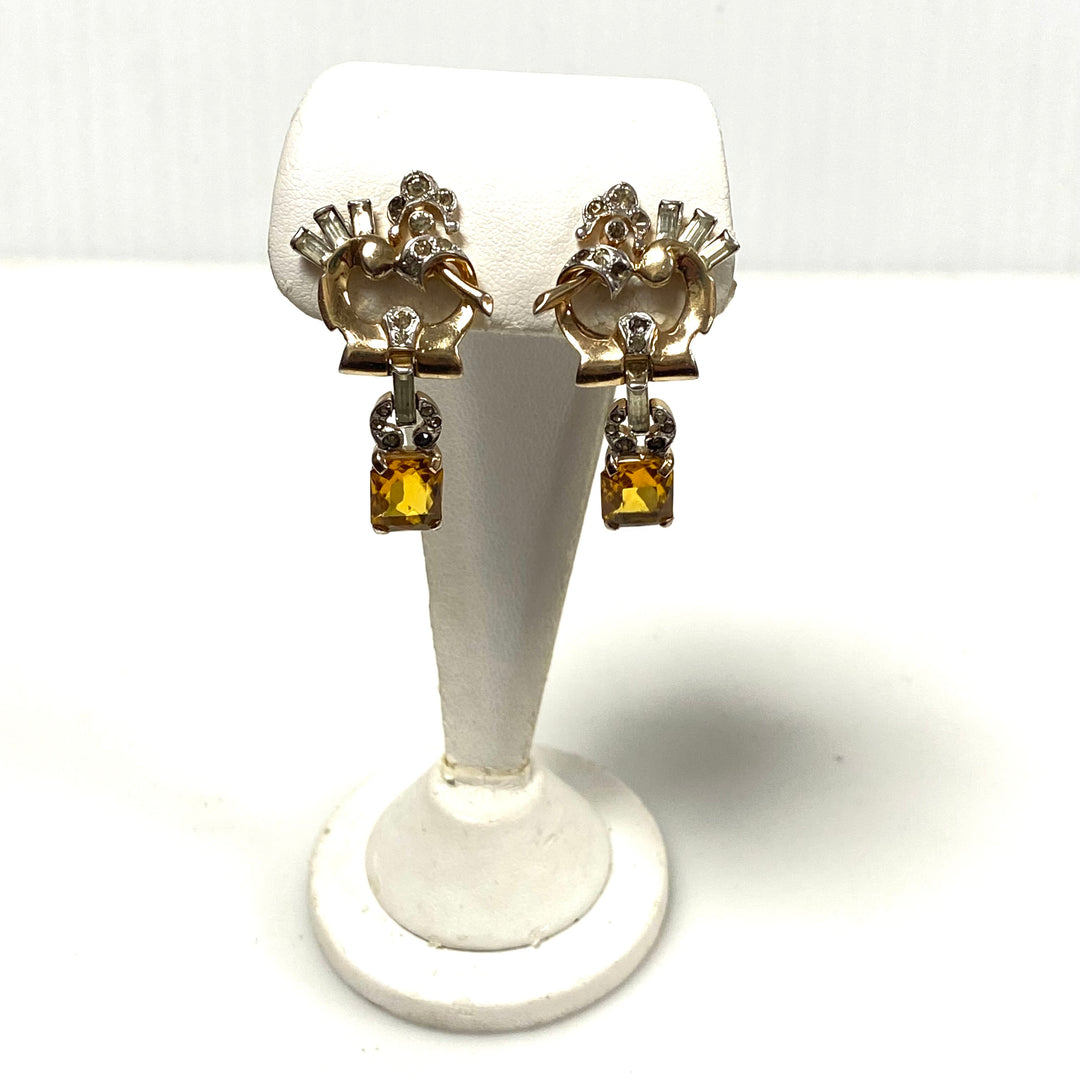 v499 Vintage Mazer Bros Citrine Sterling Rhinestone Brooch Pendant Earrings Set 3pc