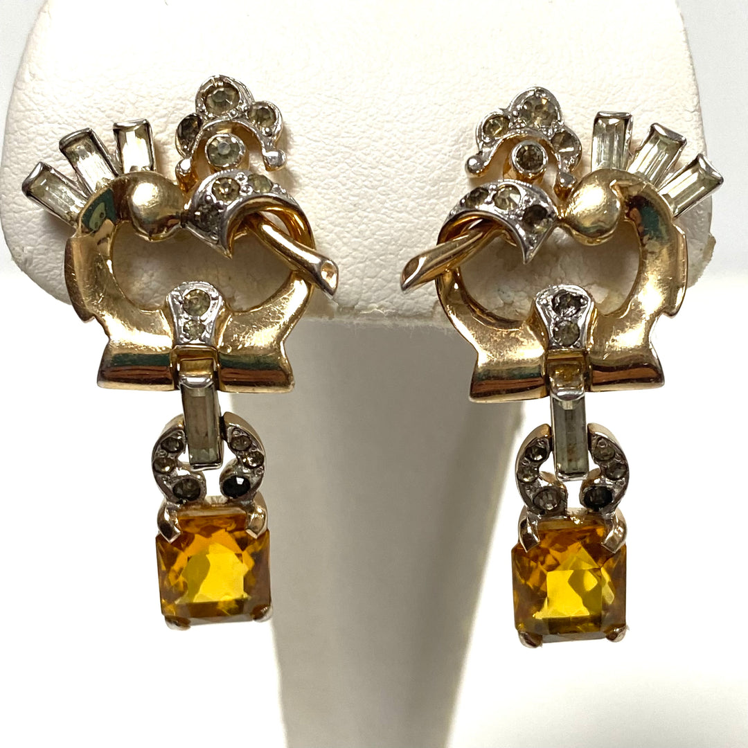v499 Vintage Mazer Bros Citrine Sterling Rhinestone Brooch Pendant Earrings Set 3pc
