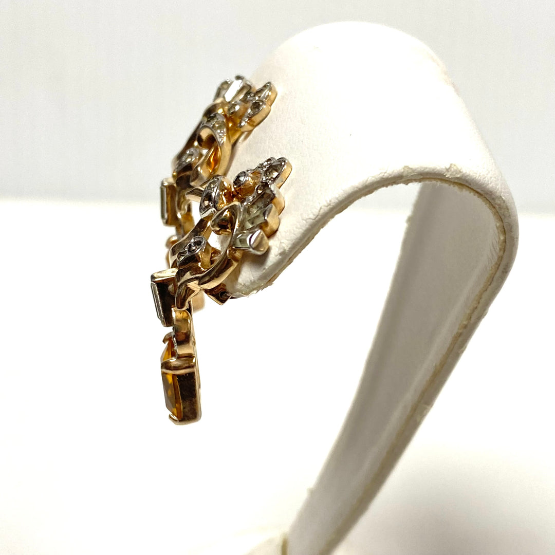 v499 Vintage Mazer Bros Citrine Sterling Rhinestone Brooch Pendant Earrings Set 3pc