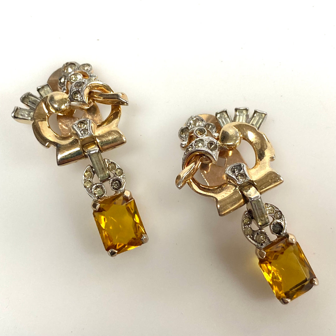 v499 Vintage Mazer Bros Citrine Sterling Rhinestone Brooch Pendant Earrings Set 3pc
