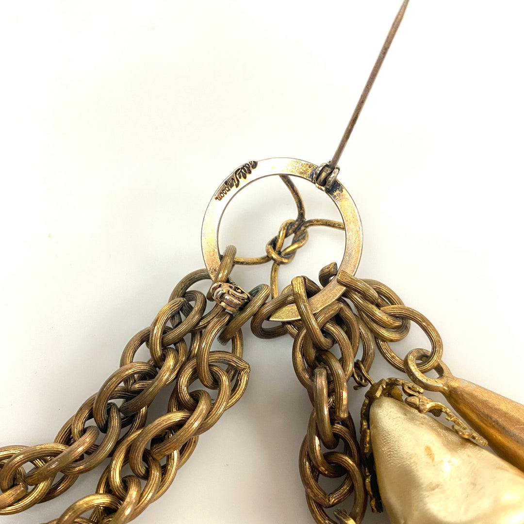 v509 Vintage Adele Simpson Gold-Tone Chatelaine Baroque Double Brooch Dangling Charms