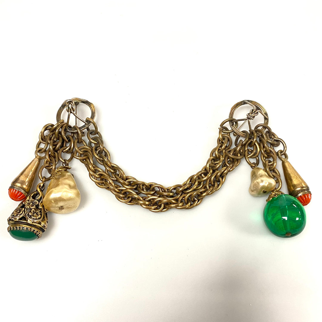 v509 Vintage Adele Simpson Gold-Tone Chatelaine Baroque Double Brooch Dangling Charms