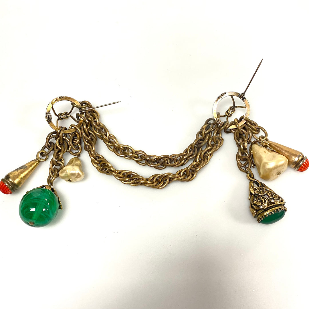 v509 Vintage Adele Simpson Gold-Tone Chatelaine Baroque Double Brooch Dangling Charms