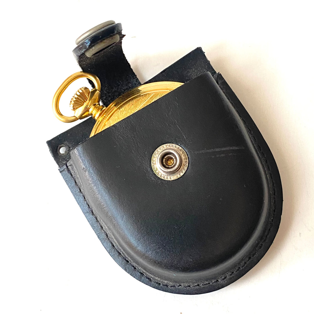 v514 NEW Black Genuine Leather Snap Closure Belt Pocket Watch Travel Holder Case