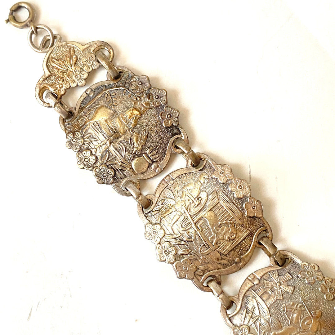 v516 Vintage Silver Plated Don Quixote Spain Story Souvenir Panel Bracelet 1940s