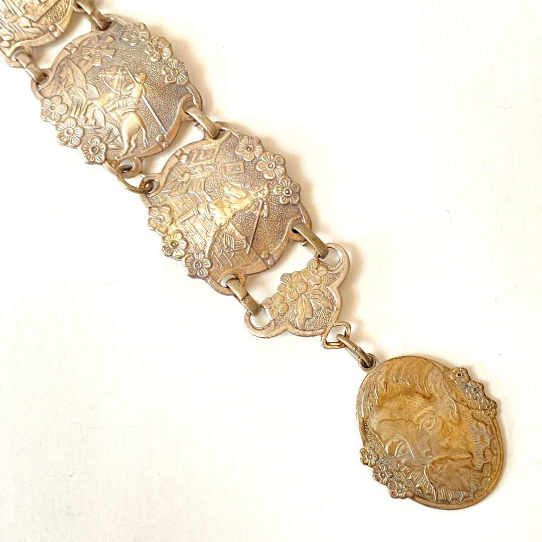 v516 Vintage Silver Plated Don Quixote Spain Story Souvenir Panel Bracelet 1940s