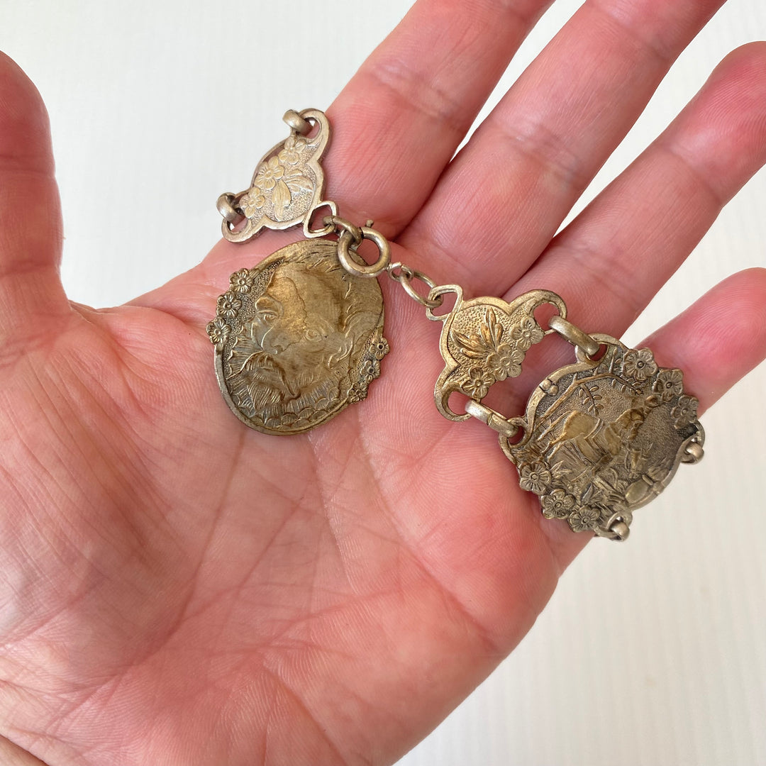 v516 Vintage Silver Plated Don Quixote Spain Story Souvenir Panel Bracelet 1940s