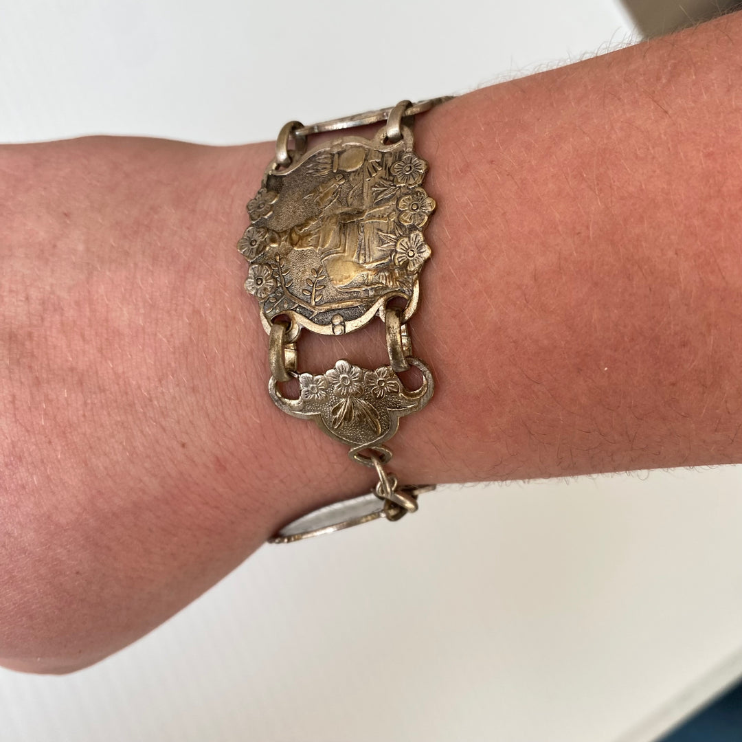 v516 Vintage Silver Plated Don Quixote Spain Story Souvenir Panel Bracelet 1940s