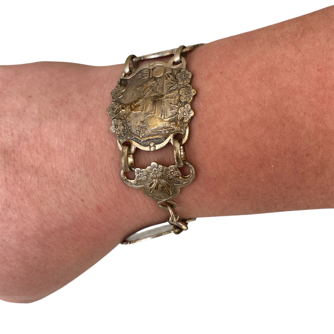 v516 Vintage Silver Plated Don Quixote Spain Story Souvenir Panel Bracelet 1940s